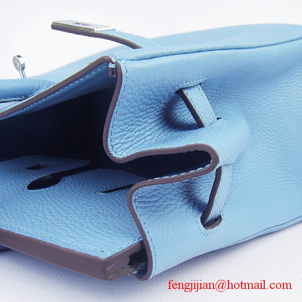 Hermes 35cm Embossed Veins Leather Bag Light Blue 6089 Silver Hardware